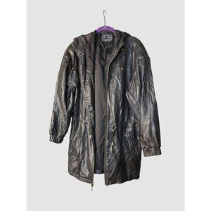 Tannery West Black Hooded Leather Jacket With Gold Accent Zippers Zip-Up Front &